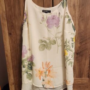 Lane Bryant Cream Floral Cold-Shoulder Top with Purple, Yellow, & Green Accents